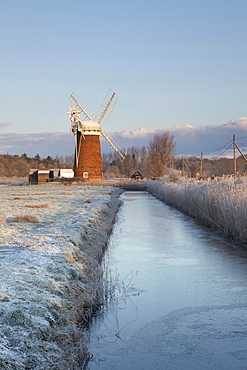 A frosty winter morning in the Norfolk Broads showing Horsey Mill, Horsey, Norfolk, England, United Kingdom, Europe