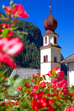 View to church, Canazei, Val di Fassa, Trentino-Alto Adige, Italy, Europe