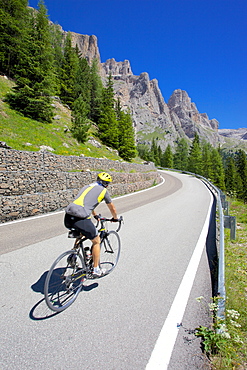 Cyclist, Sella Pass, Trento and Bolzano Provinces, Italian Dolomites, Italy, Europe