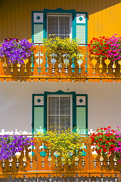 Balconies and flowers, Pozza di Fassa, Fassa Valley, Trento Province, Trentino-Alto Adige/South Tyrol, Italian Dolomites, Italy, Europe