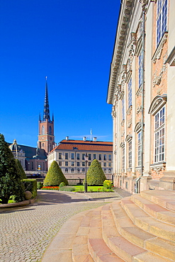 Riddarholmen with spire of Riddarholmskyrkan (Riddarholmen Church) in the background, Stockholm, Sweden, Scandinavia, Europe