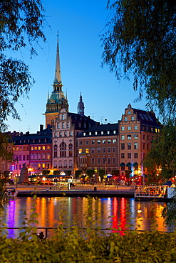 Gamla Stan and Riddarholmen with spire of Riddarholmskyrkan (Riddarholmen Church) at dusk, Stockholm, Sweden, Scandinavia, Europe