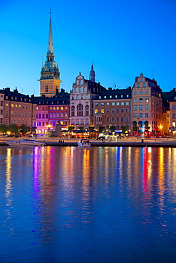 Gamla Stan and Riddarholmen with spire of Riddarholmskyrkan (Riddarholmen Church) at dusk, Stockholm, Sweden, Scandinavia, Europe