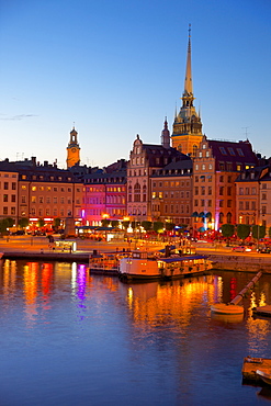 Gamla Stan and Riddarholmen with spire of Riddarholmskyrkan (Riddarholmen Church) at dusk, Stockholm, Sweden, Scandinavia, Europe