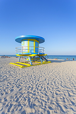 Colourful Lifeguard station on South Beach and the Atlantic Ocean, Miami Beach, Miami, Florida, United States of America, North America