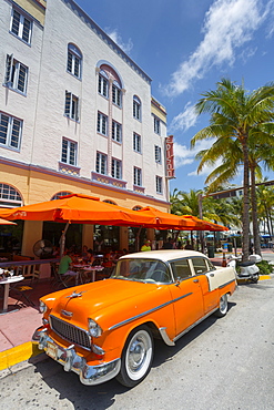 Vintage cab on Ocean Drive, South Beach, Miami Beach, Miami, Florida, United States of America, North America