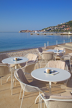 View of Budva Old Town and cafe, Budva Bay, Montenegro, Europe