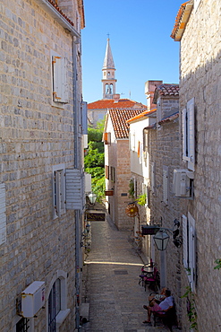 Narrow street in the Old Town, Budva, Montenegro, Europe