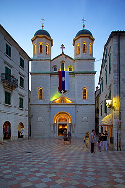 St. Nicholas Serbian Orthodox Church at dusk, Old Town, UNESCO World Heritage Site, Kotor, Montenegro, Europe