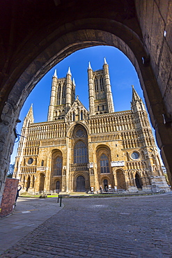 Lincoln Cathedral viewed through archway of Exchequer Gate, Lincoln, Lincolnshire, England, United Kingdom, Europe