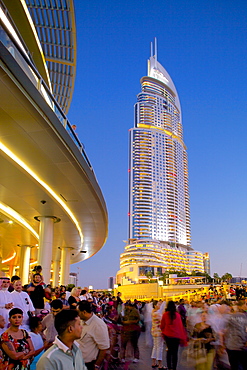 The Address Hotel and Dubai Mall at dusk, Dubai, United Arab Emirates, Middle East