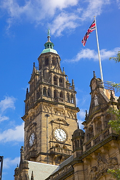 Town Hall Clocktower and Union Jack, Sheffield, South Yorkshire, Yorkshire, England, United Kingdom, Europe