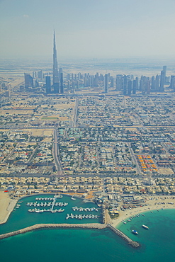 View of city skyline and Dubai Beach from seaplane, Dubai, United Arab Emirates, Middle East