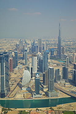 View of Burj Khalifa and city skyline from seaplane, Dubai, United Arab Emirates, Middle East