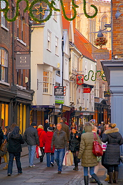 Shops and Minster on Stonegate at Christmas, York, Yorkshire, England, United Kingdom, Europe