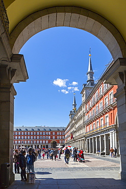 Ornate architecture viewed through archway in Calle Mayor, Madrid, Spain, Europe