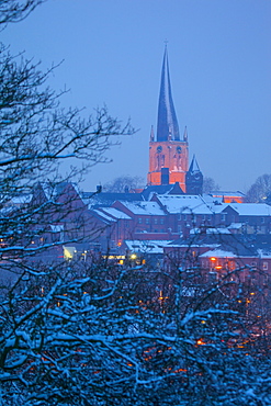 View of town and Crooked Spire Church, Chesterfield, Derbyshire, England, United Kingdom, Europe 