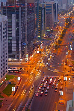 Rashid Bin Saeed Al Maktoum Street at dusk, Abu Dhabi, United Arab Emirates, Middle East 