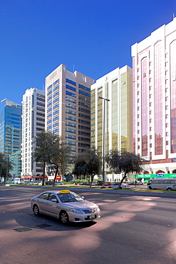 City skyline and Rashid Bin Saeed Al Maktoum Street, Abu Dhabi, United Arab Emirates, Middle East 