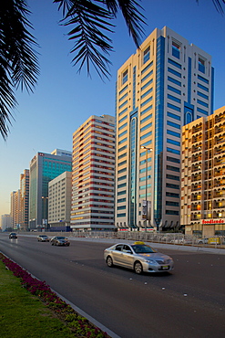 City skyline on Rashid Bin Saeed Al Maktoum Street, Abu Dhabi, United Arab Emirates, Middle East 