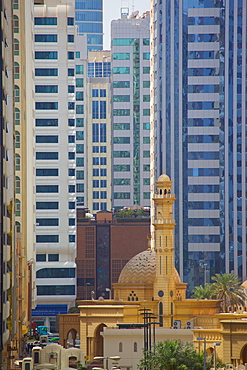 Mosque and contemporary architecture, Abu Dhabi, United Arab Emirates, Middle East