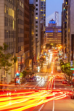 View of California Street and Oakland Bay Bridge at dusk, San Francisco, California, United States of America, North America