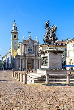 View of Emanuele Filiberto statue in Piazza San Carlo, Turin, Piedmont, Italy, Europe