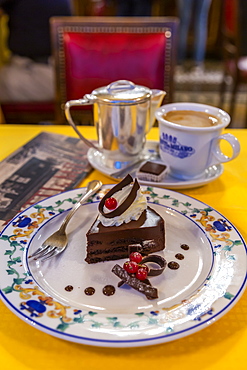 Signature chocolate cake and coffee in Confetteria Buratti and Milano, Piazza Castello, Turin, Piedmont, Italy, Europe