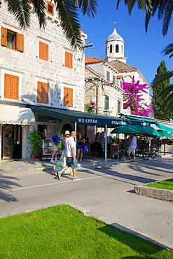 Church of St. Nicholas and cafes, Cavtat, Dubrovnik Riviera, Dalmatian Coast, Dalmatia, Croatia, Europe