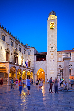 Clock tower at dusk, Stradun, UNESCO World Heritage Site, Dubrovnik, Dalmatian Coast, Dalmatia, Croatia, Europe 