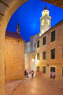 City walls and clock tower at dusk, UNESCO World Heritage Site, Dubrovnik, Dalmatian Coast, Dalmatia, Croatia, Europe 