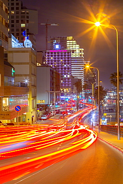 View of traffic and hotels on Hayarkon Street at night, Tel Aviv, Israel, Middle East