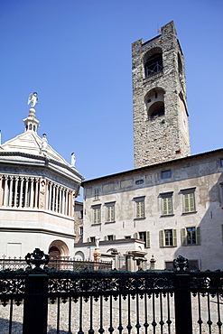 Baptistery and Big Bell Civic Tower, Piazza Vecchia, Bergamo, Lombardy, Italy, Europe