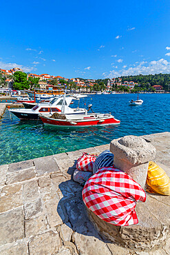 View of harbour boats and Cavtat on the Adriatic Sea, Cavtat, Dubrovnik Riviera, Croatia, Europe