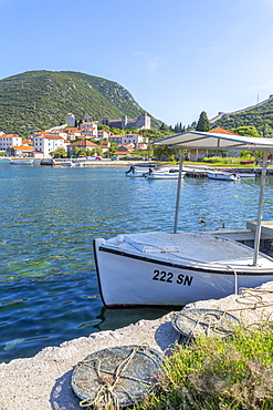 View of small harbour boats and restaurants in Mali Ston, Dubrovnik Riviera, Croatia, Europe