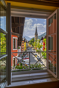 View of colourful buildings on Vordastadt from hotel window, Kitzbuhel, Tyrol, Austria, Europe