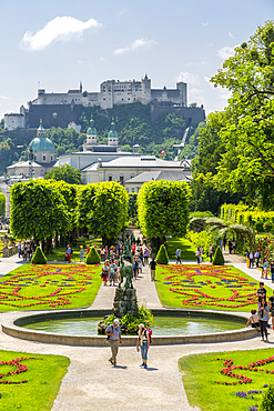 View of Hohensalzburg Castle from Mirabell Gardens, UNESCO World Heritage Site, Salzburg, Austria, Europe