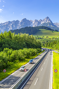 View of Fritzerkogel and autobahn near Nischofshofen, Upper Austria region of the Alps, Salzburg, Austria, Europe