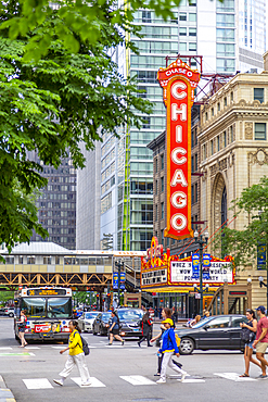 View of The Chicago Theatre and traffic on North State Street, Chicago, Illinois, United States of America, North America