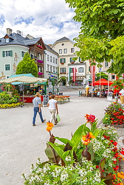 View of colourful buildings and flowers in Bad Aussie, Styria, Austria, Europe