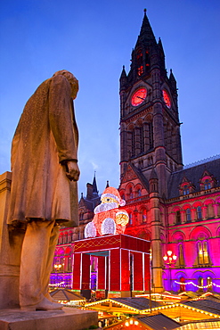 Christmas Market and Town Hall, Albert Square, Manchester, England, United Kingdom, Europe