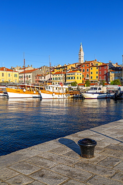 View of harbour and the old town with the Cathedral of St. Euphemia, Rovinj, Istria, Croatia, Adriatic, Europe