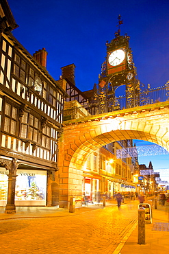 East Gate Clock at Christmas, Chester, Cheshire, England, United Kingdom, Europe