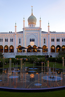 Pavilion at dusk, Tivoli Gardens, Copenhagen, Denmark, Scandinavia, Europe