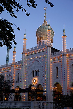 Pavilion at dusk, Tivoli Gardens, Copenhagen, Denmark, Scandinavia, Europe