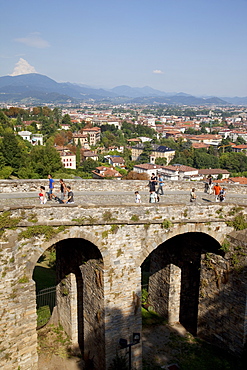 View of Lower Town from Upper Town Wall, Bergamo, Lombardy, Italy, Europe