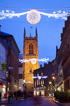 Christmas lights and Cathedral at dusk, Derby, Derbyshire, England, United Kingdom, Europe