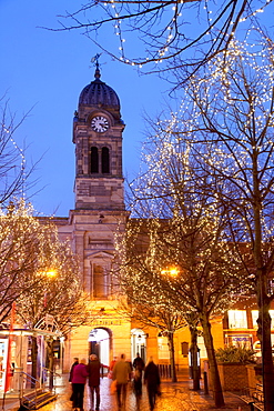 Christmas lights and Guild Hall at dusk, Derby, Derbyshire, England, United Kingdom, Europe