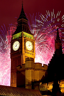 New Year fireworks and Big Ben, Houses of Parliament, Westminster, London, England, United Kingdom, Europe