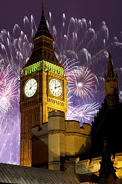 New Year fireworks and Big Ben, Houses of Parliament, Westminster, London, England, United Kingdom, Europe